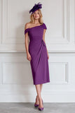 Burgundy Off The Shoulder Sheath Midi Mother Of The Bride Dress