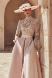 High Neck A-Line Lace Candy Pink Mother Of The Dress With Pockets