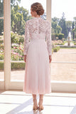 Blush Pink Pleated A-Line Lace Midi Mother Of The Bride Dress