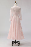 Blush Pink Pleated A-Line Lace Midi Mother Of The Bride Dress