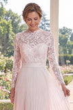 Blush Pink Pleated A-Line Lace Midi Mother Of The Bride Dress