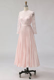 Blush Pink Pleated A-Line Lace Midi Mother Of The Bride Dress