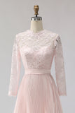 Blush Pink Pleated A-Line Lace Midi Mother Of The Bride Dress