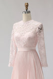 Blush Pink Pleated A-Line Lace Midi Mother Of The Bride Dress