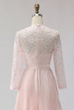 Blush Pink Pleated A-Line Lace Midi Mother Of The Bride Dress