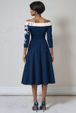 Navy A-Line Floral Appliqued Midi Mother Of The Bride Dress