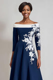 Navy A-Line Floral Appliqued Midi Mother Of The Bride Dress