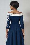 Navy A-Line Floral Appliqued Midi Mother Of The Bride Dress