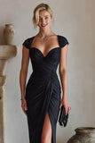 Black Sheath Ruched Long Formal Dress With Slit