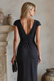 Black Sheath Ruched Long Formal Dress With Slit