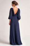 Navy A-Line V-Neck Maxi Wedding Guest Dress With 3/4 Sleeves