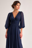 Navy A-Line V-Neck Maxi Wedding Guest Dress With 3/4 Sleeves