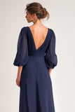 Navy A-Line V-Neck Maxi Wedding Guest Dress With 3/4 Sleeves