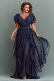 Navy A-Line Chiffon Ruched Maxi Dress With Flutter Sleeves