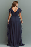 Navy A-Line Chiffon Ruched Maxi Dress With Flutter Sleeves