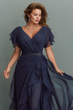 Navy A-Line Chiffon Ruched Maxi Dress With Flutter Sleeves