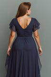Navy A-Line Chiffon Ruched Maxi Dress With Flutter Sleeves