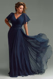 Navy A-Line V-Neck Chiffon Maxi Mother of the Bride Dress