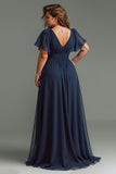 Navy A-Line V-Neck Chiffon Maxi Mother of the Bride Dress