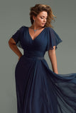 Navy A-Line V-Neck Chiffon Maxi Mother of the Bride Dress