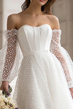 Ivory Polka Dot A-Line Off The Shoulder Bridal Shower Dress With Removable Sleeves