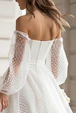 Ivory Polka Dot A-Line Off The Shoulder Bridal Shower Dress With Removable Sleeves