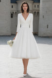 Ivory V-Neck A-Line Satin Engagement Dress With 3/4 Sleeves