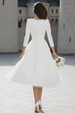 Ivory V-Neck A-Line Satin Engagement Dress With 3/4 Sleeves