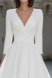 Ivory V-Neck A-Line Satin Engagement Dress With 3/4 Sleeves