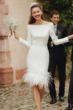 Off The Shoulder Bodycon Ivory Wedding Rehearsal Dress With Feathers