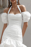 Halter A-Line Ivory Ruched Bridal Shower Dress With Removable Sleeves