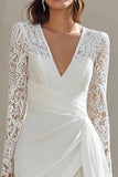 Lace Bodycon V-Neck Ivory Long Sleeve Bridal Shower Dress With Sash