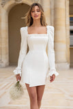 Ivory Long Sleeve Bodycon Square Neck Bridal Shower Dress With Lace