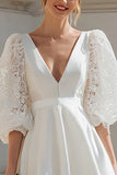 A-Line V- Neck Ivory Bridal Shower Dress With Puff Sleeves