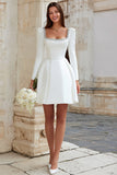 Ivory Beaded A-Line Square Neck Long Sleeve Bridal Shower Dress
