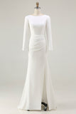 Ivory Ruched Long Sleeve Wedding Dress With Slit