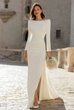 Ivory Ruched Long Sleeve Sheath Engagement Dress With Slit