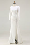Ivory Ruched Long Sleeve Wedding Dress With Slit