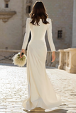 Ivory Ruched Long Sleeve Sheath Engagement Dress With Slit
