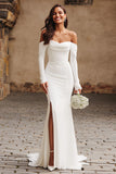 Mermaid Off The Shoulder Ivory Long Sleeve Wedding Dress With Slit