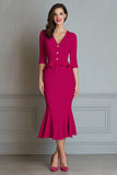 Fuchsia V-Neck Mermaid Work Dress With Ruffles