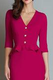 Fuchsia V-Neck Mermaid Work Dress With Ruffles