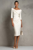 Ivory Sheath V-Neck Midi Dress With Half Sleeves
