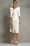 Ivory Sheath V-Neck Midi Dress With Half Sleeves