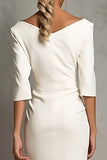 Ivory Sheath V-Neck Midi Dress With Half Sleeves