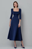 Navy A-Line Square Neck Midi Dress