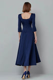 Navy A-Line Square Neck Midi Dress