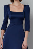 Navy A-Line Square Neck Midi Dress