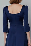 Navy A-Line Square Neck Midi Dress