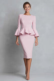 Pink Pencil Ruffle Work Dress With Long Sleeves